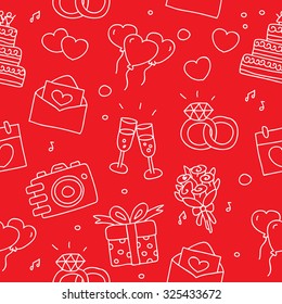 Seamless vector pattern of wedding icons on red background, hand-drawn.