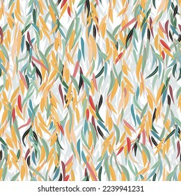 Seamless vector pattern with weeping willow branches. The drooping branches of a tree with colorful autumn leaves. Natural print on a light background.
