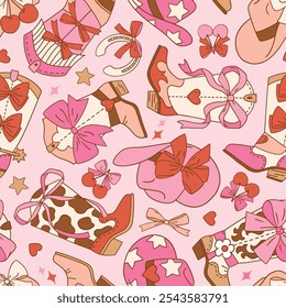 Seamless vector pattern with western cowgirl boots and hats. Hand drawn romantic girly Valentine’s Day background. EPS 10 vector file. Perfect for textile, wallpaper or nursery print design.