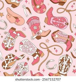 Seamless vector pattern with western cowgirl boots. Hand drawn girly rodeo background. EPS 10 vector file. Perfect for textile, wallpaper or nursery print design.