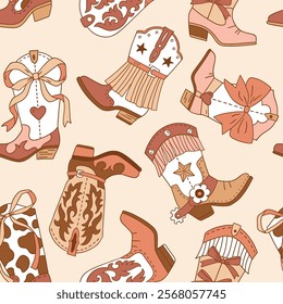 Seamless vector pattern with western cowgirl boots. Hand drawn girly rodeo background. EPS 10 vector file. Perfect for textile, wallpaper or nursery print design.