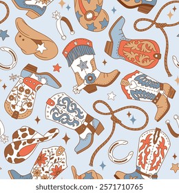 Seamless vector pattern with western cowgirl boots. Hand drawn girly rodeo background. EPS 10 vector file. Perfect for textile, wallpaper or nursery print design.