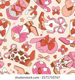 Seamless vector pattern with western cowgirl boots. Hand drawn girly rodeo background. EPS 10 vector file. Perfect for textile, wallpaper or nursery print design.