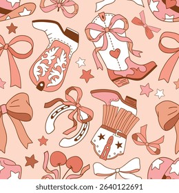 Seamless vector pattern with western cowgirl boots and bows. Hand drawn girly rodeo background. EPS 10 vector file. Perfect for textile, wallpaper or nursery print design.