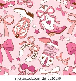 Seamless vector pattern with western cowgirl boots and bows. Hand drawn girly rodeo background. EPS 10 vector file. Perfect for textile, wallpaper or nursery print design.