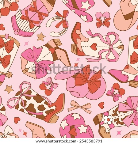 Seamless vector pattern with western cowgirl boots and hats. Hand drawn romantic girly Valentine’s Day background. EPS 10 vector file. Perfect for textile, wallpaper or nursery print design.