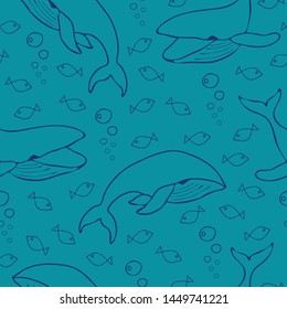 Seamless vector pattern with  whale and fishes on blue background. Simple underwater wallpaper design. Line art fashion textile.