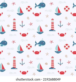 Seamless vector pattern with whale, lighthouse, boat, crab, shells. Nautical theme. Illustration for textile, packaging, postcards, wallpaper.