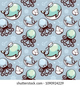 Seamless vector pattern with whale, octopus, anchor, helm and paper boat. Template for fabric and wrapping. Sea summer textile print.