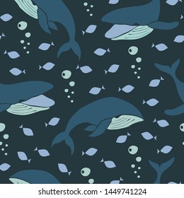 Seamless vector pattern with whales and fishes on dark blue background. Simple underwater wallpaper design.