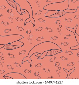 Seamless vector pattern with whales and fishes on pink background. Cute simple underwater wallpaper design. Line art with sea elements.