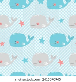 Seamless vector pattern with whales on a light background. Cute whale pattern for kids. Underwater inhabitants. Simple dolphin. Adorable sea creatures. Underwater nursery pattern. Nursery pattern
