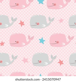 Seamless vector pattern with whales on a light background. Cute whale pattern for kids. Underwater inhabitants. Simple dolphin. Adorable sea creatures. Underwater nursery pattern. Nursery pattern