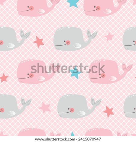 Seamless vector pattern with whales on a light background. Cute whale pattern for kids. Underwater inhabitants. Simple dolphin. Adorable sea creatures. Underwater nursery pattern. Nursery pattern