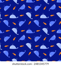 Seamless vector pattern with whales and orange fish on a blue background. Children's print for textiles, wallpaper, covers and other surfaces.