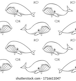seamless vector pattern with whales, outline, coloring page. isolated on a white background