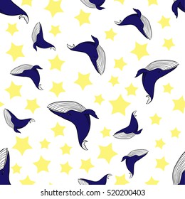 Seamless vector pattern with whales and stars. Perfect for wrapping paper, wallpaper, repeating elements, vintage design, notebook cover, fabric clothes design.