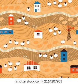 Seamless vector pattern with wheat field, haystacks, houses, windmill and sheep herd. Abstract meadow landscape background. Countryside village farm texture with cute hand drawn illustrations