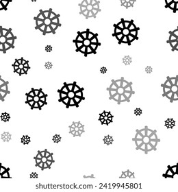 Seamless vector pattern with wheel symbols, creating a creative monochrome background with rotated elements. Vector illustration on white background