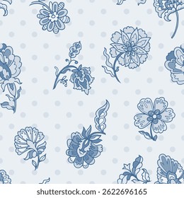 Motif harmonieux d'Image vectorielle avec des fleurs bleues fantaisistes sur fond bleu clair à pois. Inspiré de Vintage et idéal pour les textiles ou la papeterie.