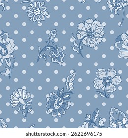Seamless vector pattern with whimsical blue flowers on a soft blue polka dot background. Vintage-inspired and ideal for textiles or stationery.