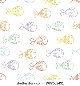 Seamless vector pattern with whimsical fish. Line objects. Colorful palette. Cute hand drawn background for kids room decor, nursery art, package, wrapping paper, textile, print, fabric, wallpaper.