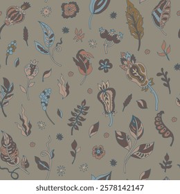 Seamless vector pattern with whimsical floral elements and foliage in earthy tones and blue accents on a soft green background. Ideal for wrapping paper and textiles.