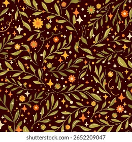 Seamless vector pattern with whimsical flowers and leafy branches on a dark background. A magical, starry botanical texture. Perfect for fabric, wallpaper, or autumn-themed rich magical designs.