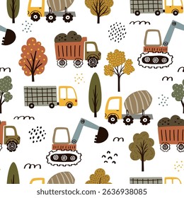 Seamless vector pattern with whimsical hand-drawn cars in soft neutral tones. Perfect for baby clothes, nursery decor, textiles, packaging, and kids’ projects. Includes EPS file.