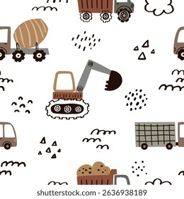 Seamless vector pattern with whimsical hand-drawn cars in soft neutral tones. Perfect for baby clothes, nursery decor, textiles, packaging, and kids’ projects. Includes EPS file.