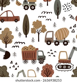 Seamless vector pattern with whimsical hand-drawn cars in soft neutral tones. Perfect for baby clothes, nursery decor, textiles, packaging, and kids’ projects. Includes EPS file.