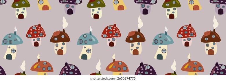 Seamless vector pattern of whimsical mushroom houses on a light lavender background. Ideal for charming nursery decor, fairy tale designs, and children's textiles.