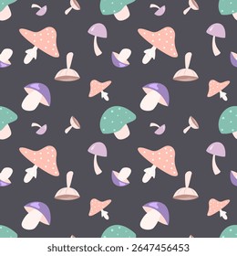 Padrão de vetor sem emenda de cogumelos pastel caprichosos em um fundo cinza escuro. Ideal para decoração de bebê neutro, tecido infantil, produtos para crianças e desenhos encantadores com temática de floresta.