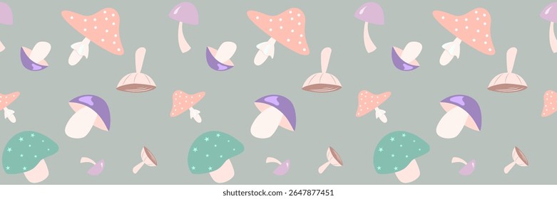 Seamless vector pattern of whimsical pastel mushrooms on a light green background. Ideal for children's decor, charming kids fabrics, nursery designs, and playful nature-themed crafts.