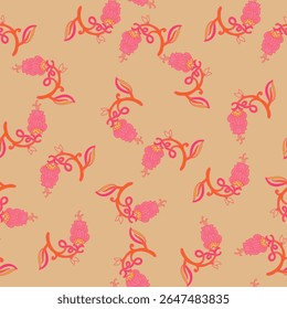 Seamless vector pattern with whimsical pink owls on curling branches over beige background, cute and fun design for kids textiles and packaging.