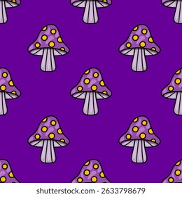 Seamless vector pattern of whimsical purple mushrooms with yellow dots on a vibrant purple background, ideal for Halloween or fantasy designs.