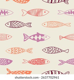 Seamless vector pattern with whimsical and trendy tropical fish. Perfect for textiles, children's clothing and beach decor, menus, print, decor, decoration.