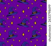 Seamless vector pattern of whimsical wizard hats and golden stars on a vibrant purple background, perfect for Halloween or magical themed designs.