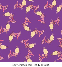 Seamless vector pattern with whimsical yellow owls on pink branches over purple background, fantasy theme illustration for kids fabric and decor.