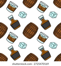 Patrón de Vector sin fisuras de barriles de whisky, vasos con hielo y botellas Pequeñas sobre fondo blanco
