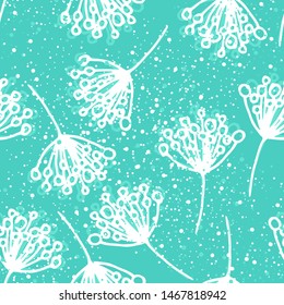 Seamless vector pattern of white abstract hand drawn branches with berries and paint splashes on turquoise background.