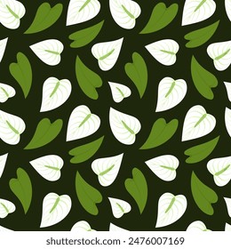 Seamless vector pattern with white anthuriums and green leaves. Floral print for textiles, fabrics, surfaces.