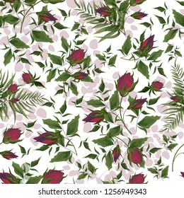 Seamless vector pattern with white background. Green leaves, rosebuds. All elements are isolated.