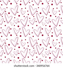 Seamless vector pattern, white background with red and pink asymmetrical hearts