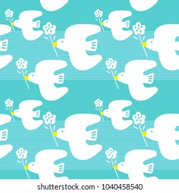 Seamless  vector pattern with white birds and flowers. Repeating blue background.