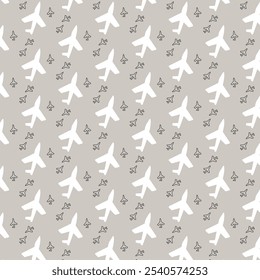 Seamless vector pattern. White and black outline texture with airplane icon pattern