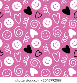 Seamless vector pattern with white and black hand-drawn spirals, hearts, and smileys on a pink background. Playful, energetic, and modern design