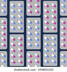 Seamless vector pattern with white and blue, pink medical tablets. Medical drug packages for tablets. Medicine background with pharmaceutical pills, capsules. Color illustration.
