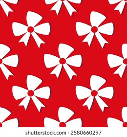 Seamless vector pattern white bows on a red background for packaging, fabric, wallpaper for the holidays of Valentine's Day, wedding, birthday Pro Vector