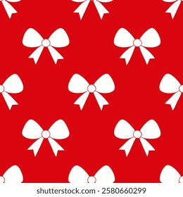 Seamless vector pattern white bows on a red background for packaging, fabric, wallpaper for the holidays of Valentine's Day, wedding, birthday Pro Vector